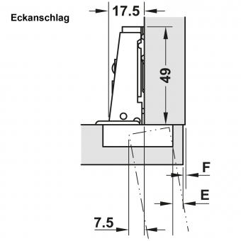 Edelstahlscharnier Set 100°, Eckanschlag Topfscharnier Edelst. pol., eck - schraubbar mit Feder + Zubeh.