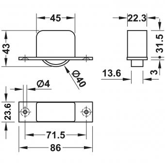 Einlassmöbelrolle für Holzdicke >28 mm Möbelrolle grau/anthr. 86x24x43 mm